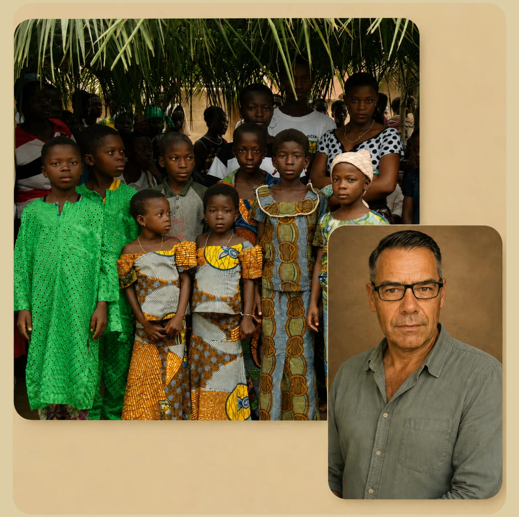 Composition réunissant une photographie de groupe en Afrique et le portrait de Martin Bril
